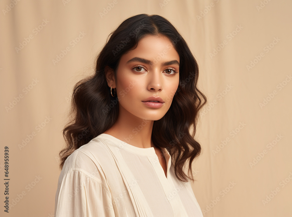 Portrait of beautiful young Hispanic woman on beige background. Natural beauty. Portrait of beautiful young Hispanic woman on beige background. Natural beauty.