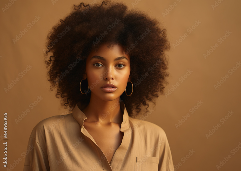 Portrait of beautiful young black woman on beige background. Natural beauty. Portrait of beautiful young black woman on beige background. Natural beauty.
