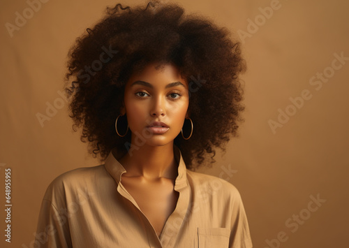 Portrait of beautiful young black woman on beige background. Natural beauty.