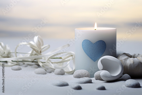 White lit aroma candle  heart and pebbles on beach. Generative AI
