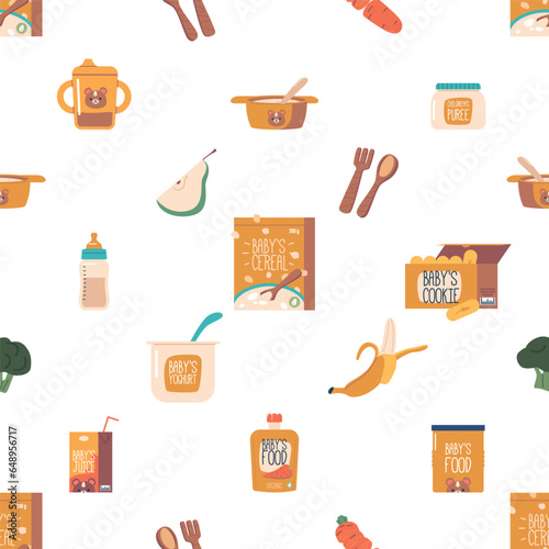 Delightful Seamless Pattern Featuring Cute Baby Foods From Milk Bottles And Spoons To Colorful Puree Jars or Juice