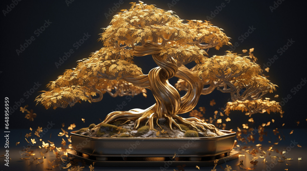 złote drzewko szczęścia japoński bonsai w doniczce na czarnym tle - golden lucky tree japanese bonsai in pot on black background - AI Generated - obrazy, fototapety, plakaty 