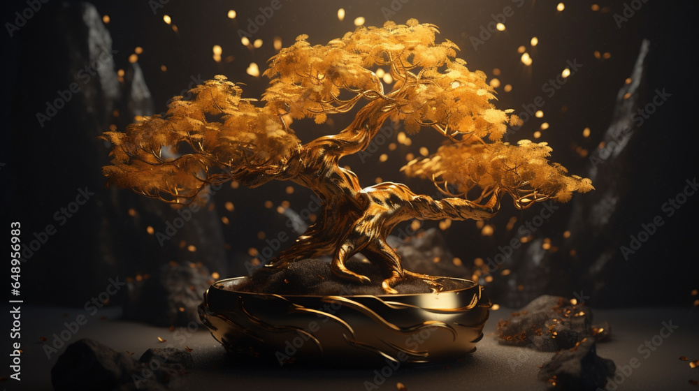 złoty bonsai japońskie drzewko szczęścia w złotej doniczce na czarnym tle powodzenie, bogactwo - golden bonsai japanese lucky tree in golden pot on black background good luck, wealth - AI Generated - obrazy, fototapety, plakaty 