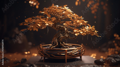 Złote drzewko bonsai japoński symbol szczęścia i dostatku w złotej doniczce z czarnymi kamieniami Golden bonsai tree Japanese symbol of happiness and abundance in a golden pot - AI Generated photo