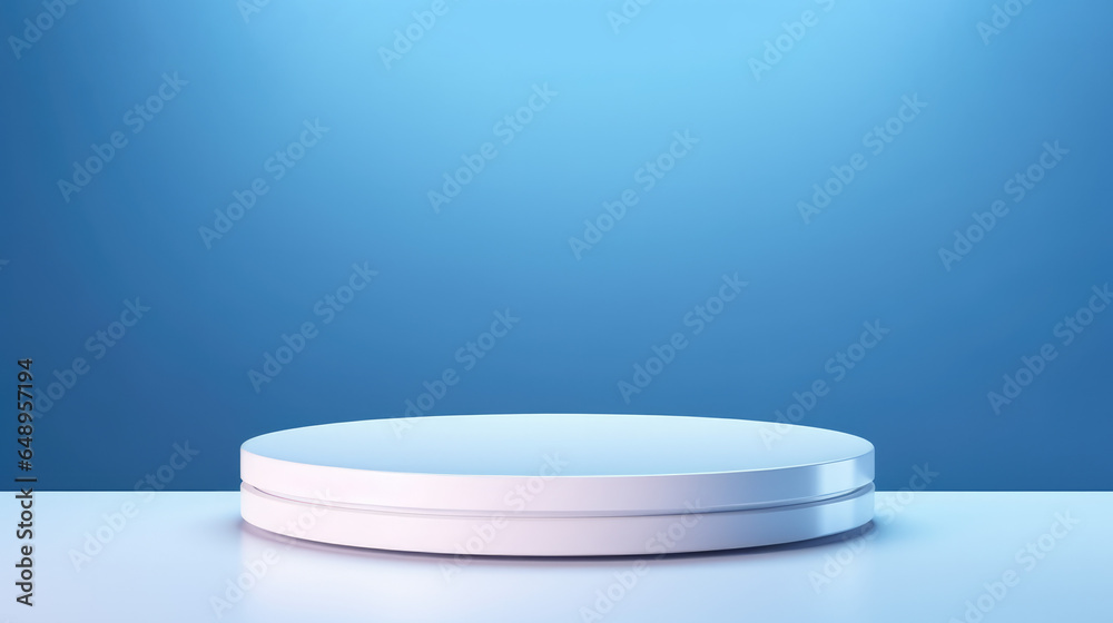 White product stand on blue backdrop. Minimalist geometry design. Studio podium theme. Ideal for exhibits & business presentations. White product stand on blue backdrop. Minimalist geometry design. Studio podium theme. Ideal for exhibits & business presentations.