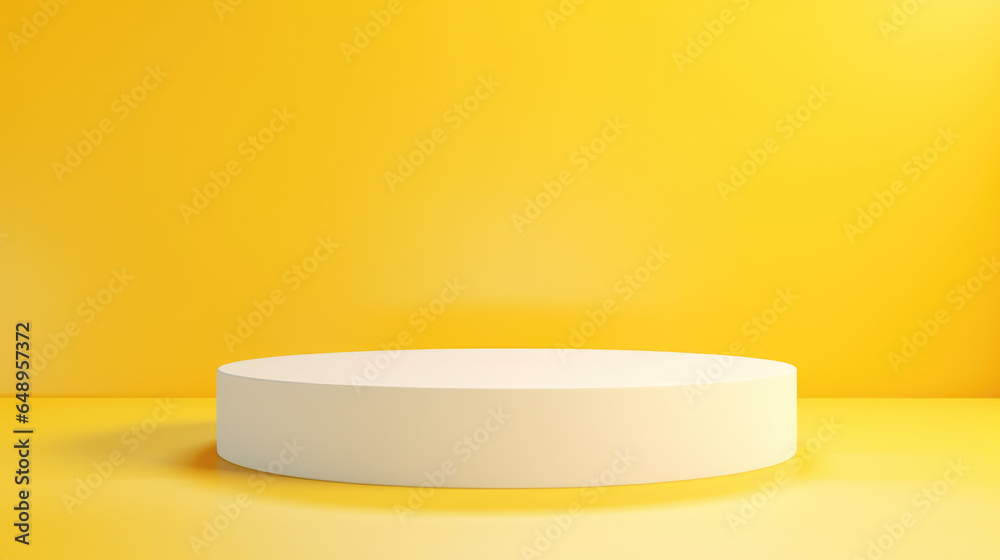 White pedestal on yellow canvas; sleek geometric design. Studio podium spotlight. Cinematic illumination. Ethereal mood. White pedestal on yellow canvas; sleek geometric design. Studio podium spotlight. Cinematic illumination. Ethereal mood.