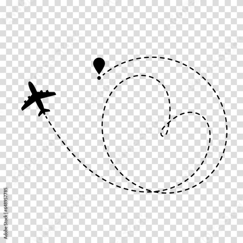Concept sex travel. Airplane route plane line path with heart. Aircraft tracking, love travel. Vector illustration.