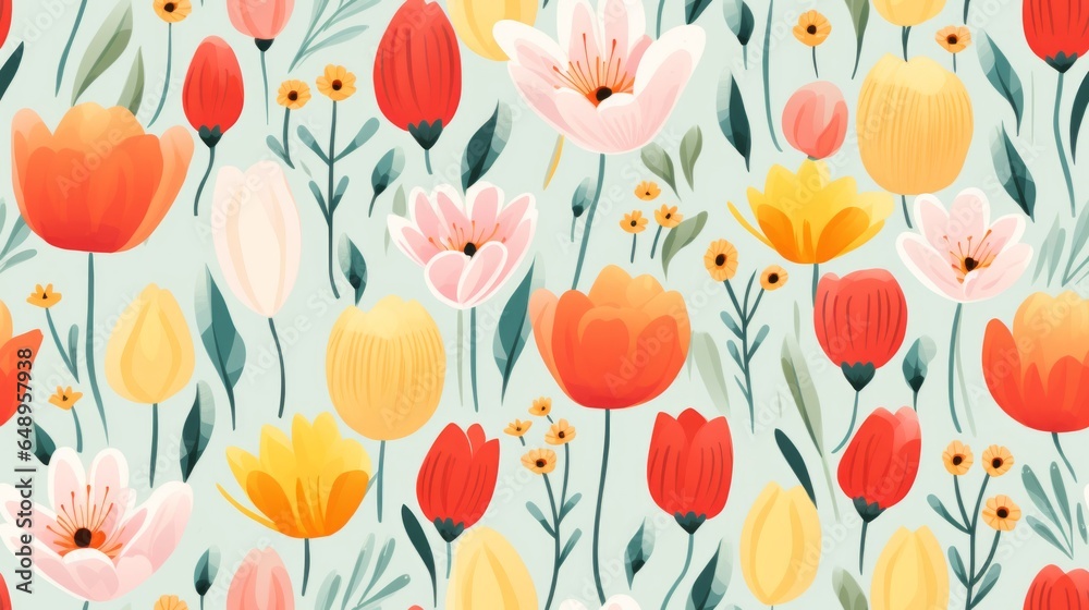 Vintage floral seamless pattern reminiscent of the 1950s with a mix of cheerful tulips and daisies in vibrant, candy-colored hues
