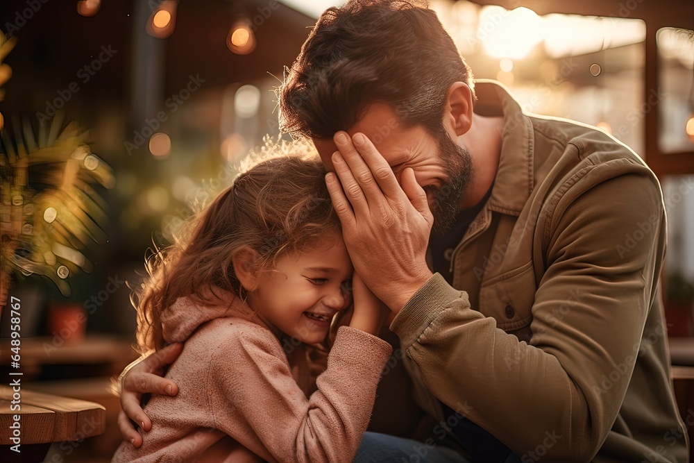 A little daughter playing with her father laughing with a beautiful light. A little daughter playing with her father laughing with a beautiful light.