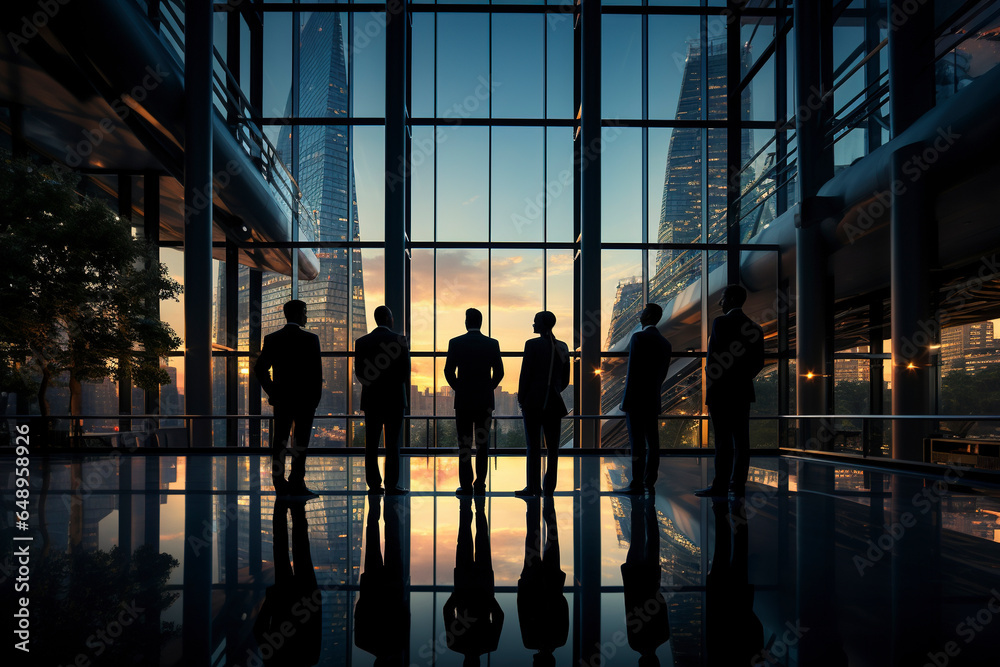 Silhouettes of business people in an office building against a cityscape at sunset, group of Business People in Office Building, silhouettes of men against the background of an office window