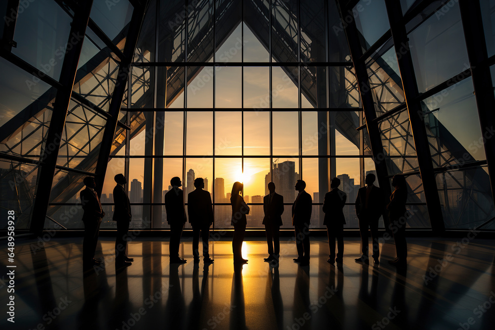 Silhouettes of business people in an office building against a cityscape at sunset, group of Business People in Office Building, silhouettes of men and women against the background of an office window
