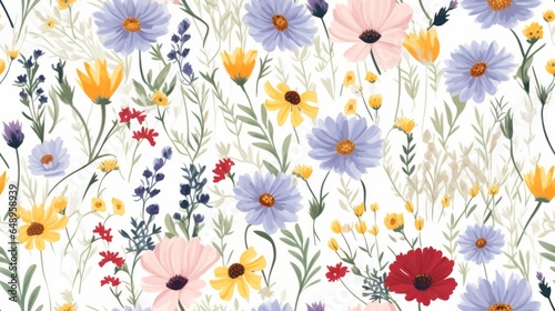 Vintage floral seamless pattern, essence of a cottage garden, mix of wildflowers, daisies, lavender, and poppies