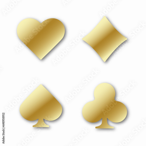 Set of collection gambling gold sign symbol of playing card suits and chip or token for web site or mobile app about poker and casino. Hearts, clubs, diamonds and spades on an white background.