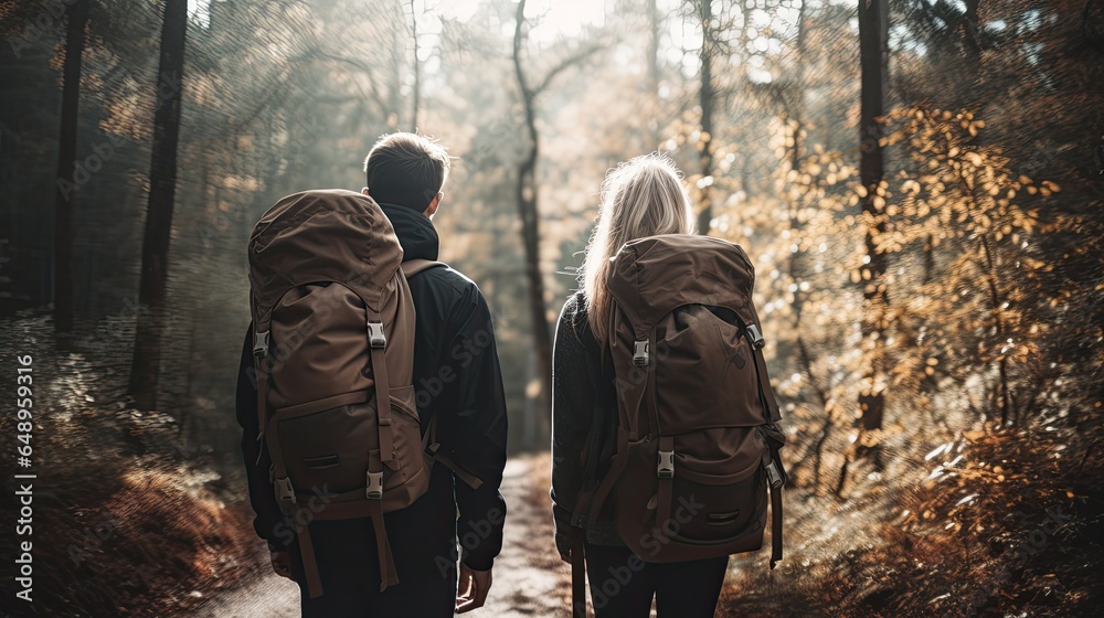Couple Hiking with Blank Backpacks