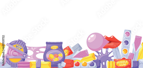 Playful Seamless Pattern Featuring Colorful Chewing Gum Bubbles, Dragee, Unwrapped Packs In A Whimsical Arrangement