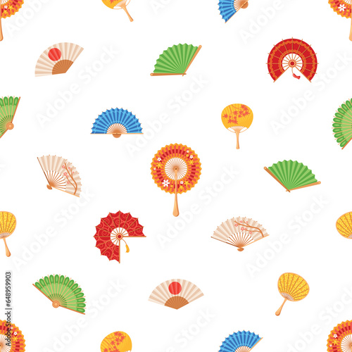 Elegant Asian Fans Dance Gracefully Across A Seamless Pattern, Their Intricate Designs And Vibrant Colors Tile Wallpaper