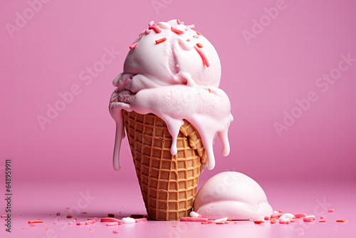 Ice cream in waffle cone with multicolored candies in filling melted on pink background