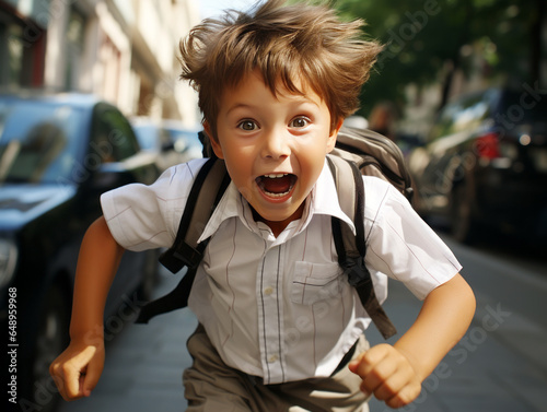 Portrait of a cute little boy with backpack running on the street. Generative AI