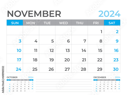November 2024 page, Calendar 2024 template, Desk calendar 2024 year, planner design, Wall calendar, week starts on sunday, stationery design, Desk office, organizer office, vector eps10