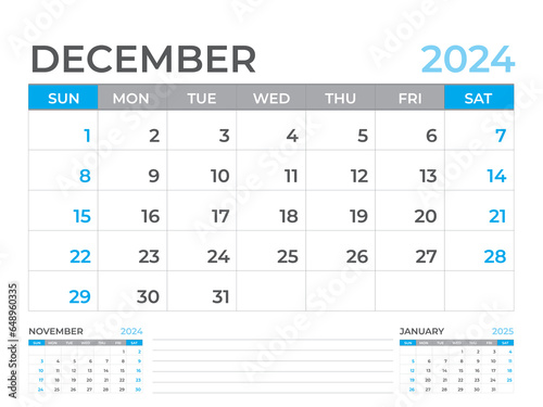December 2024 page, Calendar 2024 template, Desk calendar 2024 year, planner design, Wall calendar, week starts on sunday, stationery design, Desk office, organizer office, vector eps10