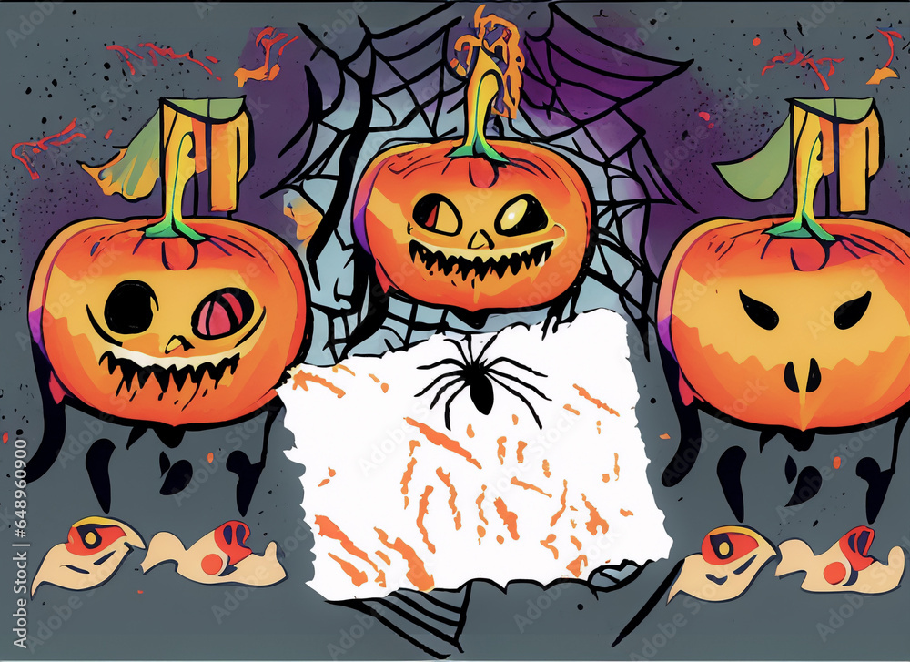 Fototapeta premium Halloween background with pumpkins and empty sheet of paper. illustration ai generative