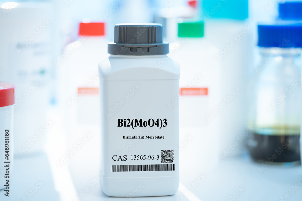 Bi2(MoO4)3 bismuth(III) molybdate CAS 13565-96-3 chemical substance in white plastic laboratory packaging