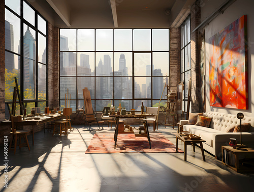 Large open space art studio with city view industrial brick wall loft.