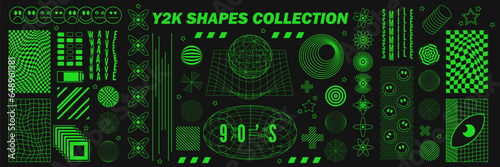 Abstract geometry wireframe shapes and patterns, cyberpunk elements, signs and perspective grids. Surreal geometric retro signs. Rave psychedelic futuristic Y2k acid aesthetic set. Vector illustration