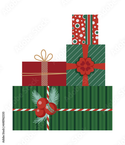 Wrapped Christmas gift boxes. New Year present boxes with ribbons, bows, green and red wrapping papers. For greeting cards, banners, web illustrations, icons, or logos. Vector illustration EPS 10