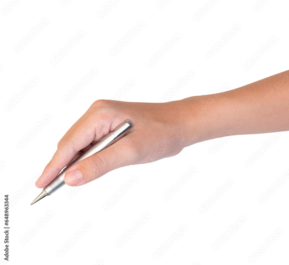 Teenage hand holding a pen at the target - education targeting, aiming, focus concept. white background, isolate.	