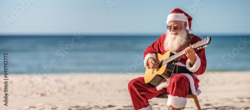 Santa Claus playing a guitar by the tropical beach  creating a harmonious island vibe  copy space 