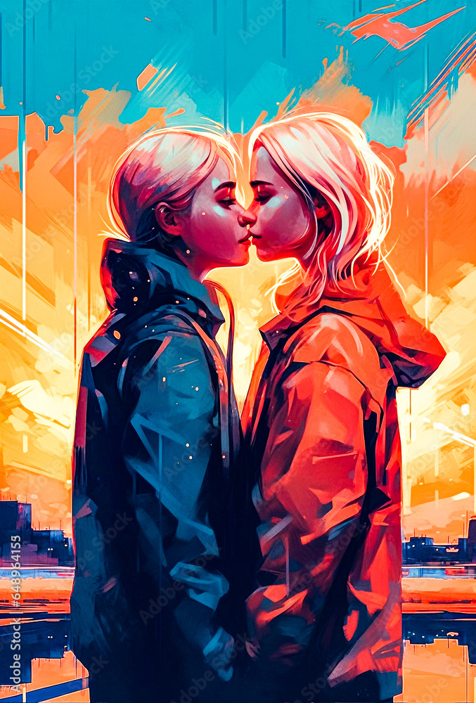 LGBTQ Affection Tender artwork of two girls embracing at dusk