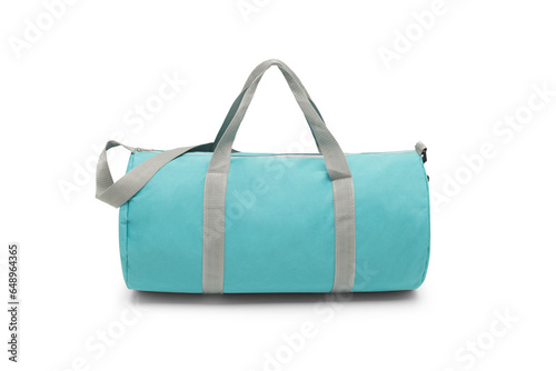 close up outdoor trendy fashion sports custom nylon crossbody shoulder strap bag medium size duffle gym travel bags for men women isolated on white background. top view. two tone in blue handbag.