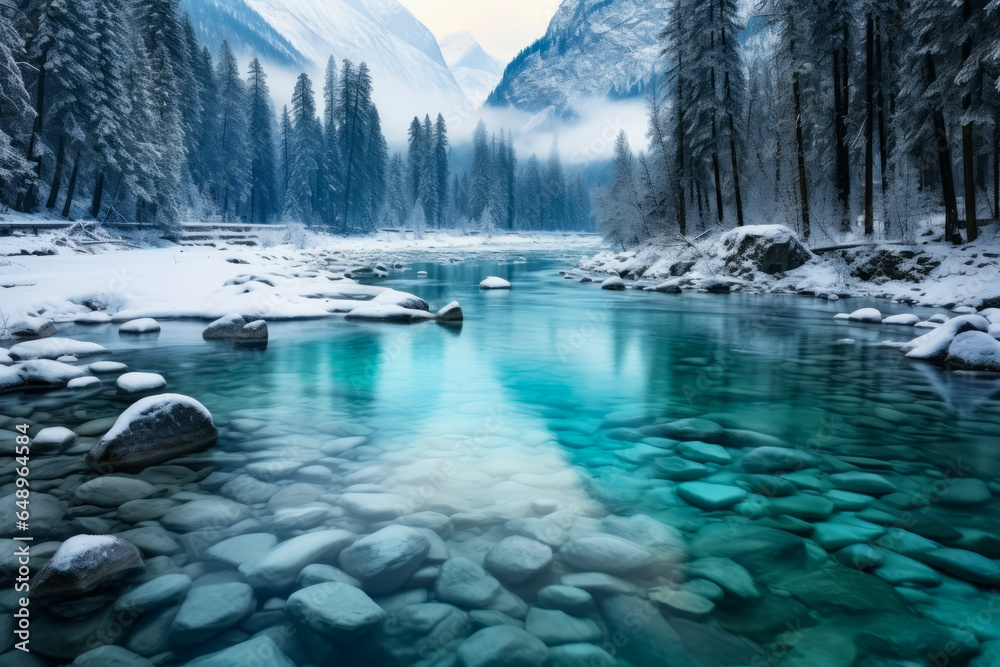 A transparent blue river and forest with snow scenery. Beautiful winter scenery background. Natural and seasonal landscape concept.