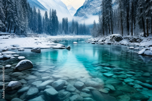 A transparent blue river and forest with snow scenery. Beautiful winter scenery background. Natural and seasonal landscape concept.