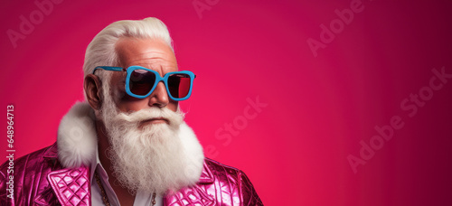 Stylish Santa in a bold, eye-catching ensemble in bright pink on a pink background with copy space