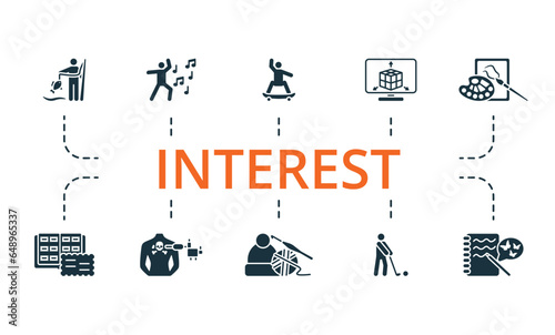 Interest set. Creative icons: fishing, dancing, skateboarding, 3d modeling, painting, philately, tattoo, crocheting, golfing, writing.