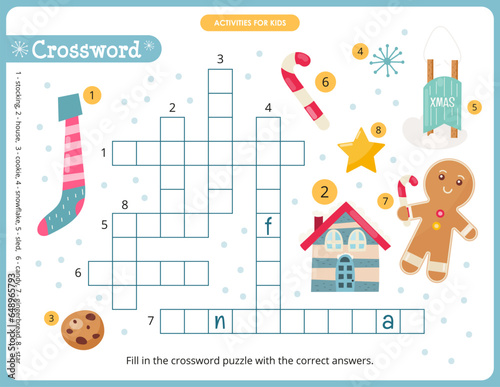 Christmas crossword page printable for children. Preschool games. Christmas Characters and objects – stocking, house, cookie, snowflake, sled, candy, gingerbread, star. Vector illustration.