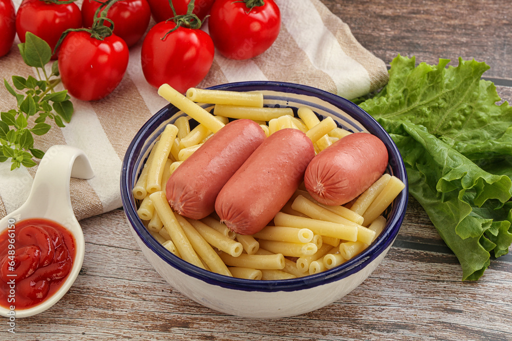 Mini sausages with pasta macheroni Mini sausages with pasta macheroni