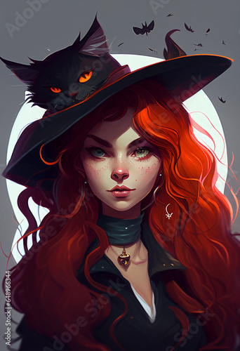 A female witch hat and with a black cat by her side, cartoon style. AI Generated