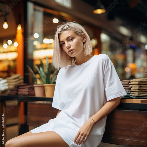  young woman in a white T-shirt and shorts sits in a cafe.