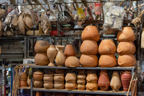 Ceramics and other products for sale at the Sao Joaquim fair, city of Salvador, Bahia.