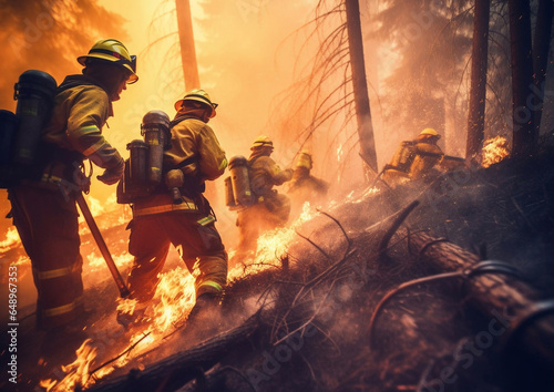 Team of firefighters trying to extinguish large forest fire.AI Generative
