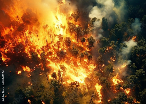 Top view of a burning forest.Concept of global warming and climate change.Macro.AI Generative
