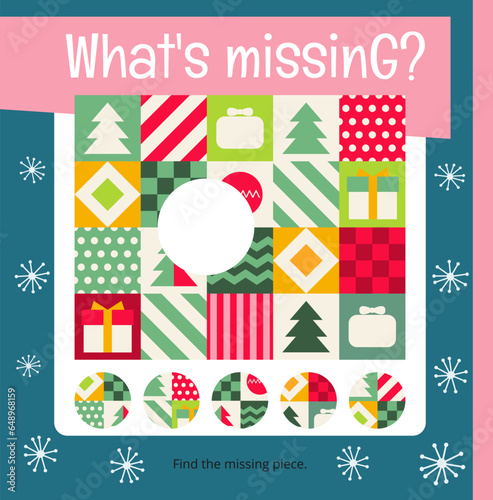 Christmas activities for kids. Find the correct  missing piece for Christmas background. Vector illustration. Matching game.