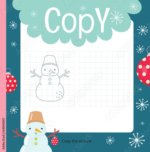 Christmas activities for kids. Copy the picture – Cute Snowman. Logic games for children. Coloring page. Vector illustration.