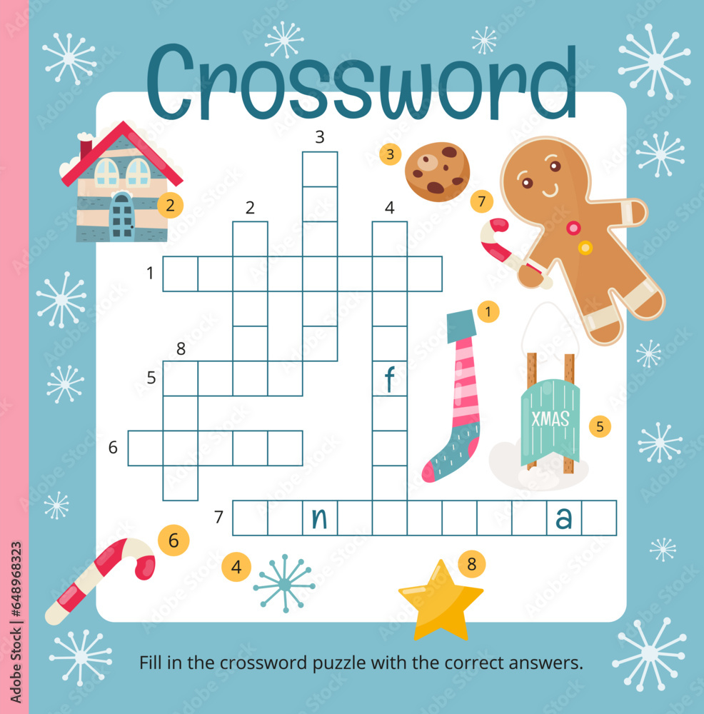 Christmas crossword page printable for children. Preschool games