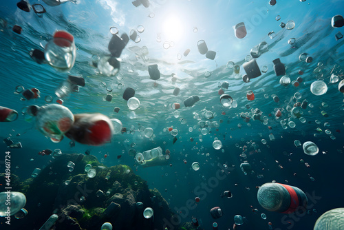Plastic bottles  bags and cups floating in the sea representing contamination  excessive pollution  planet care  sustainability