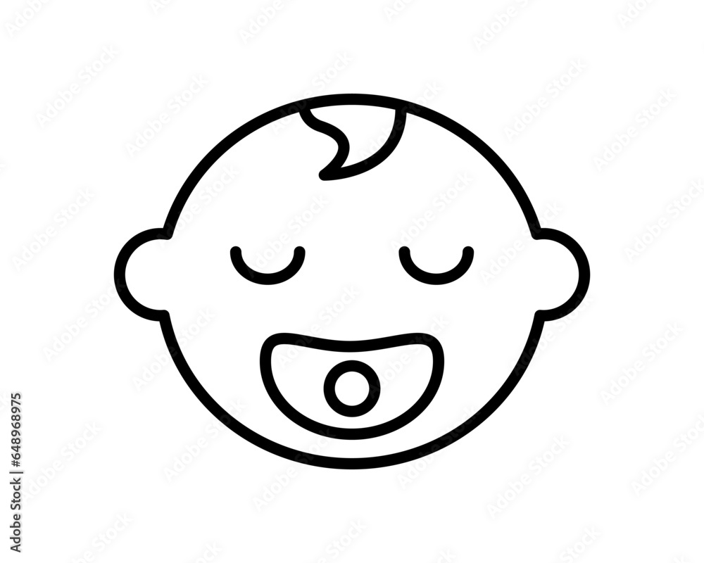 Happy baby head with pacifier icon. Cute sleeping baby face with joyful peace and funny vector calmness Happy baby head with pacifier icon. Cute sleeping baby face with joyful peace and funny vector calmness