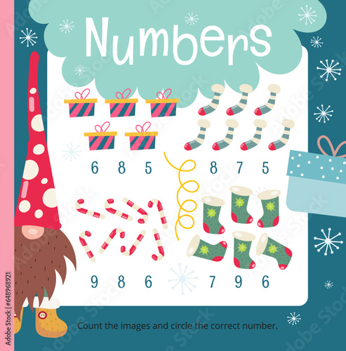 Christmas Gnomes math activities for kids. How many. Count Christmas elements and circle correct number. Vector illustration.